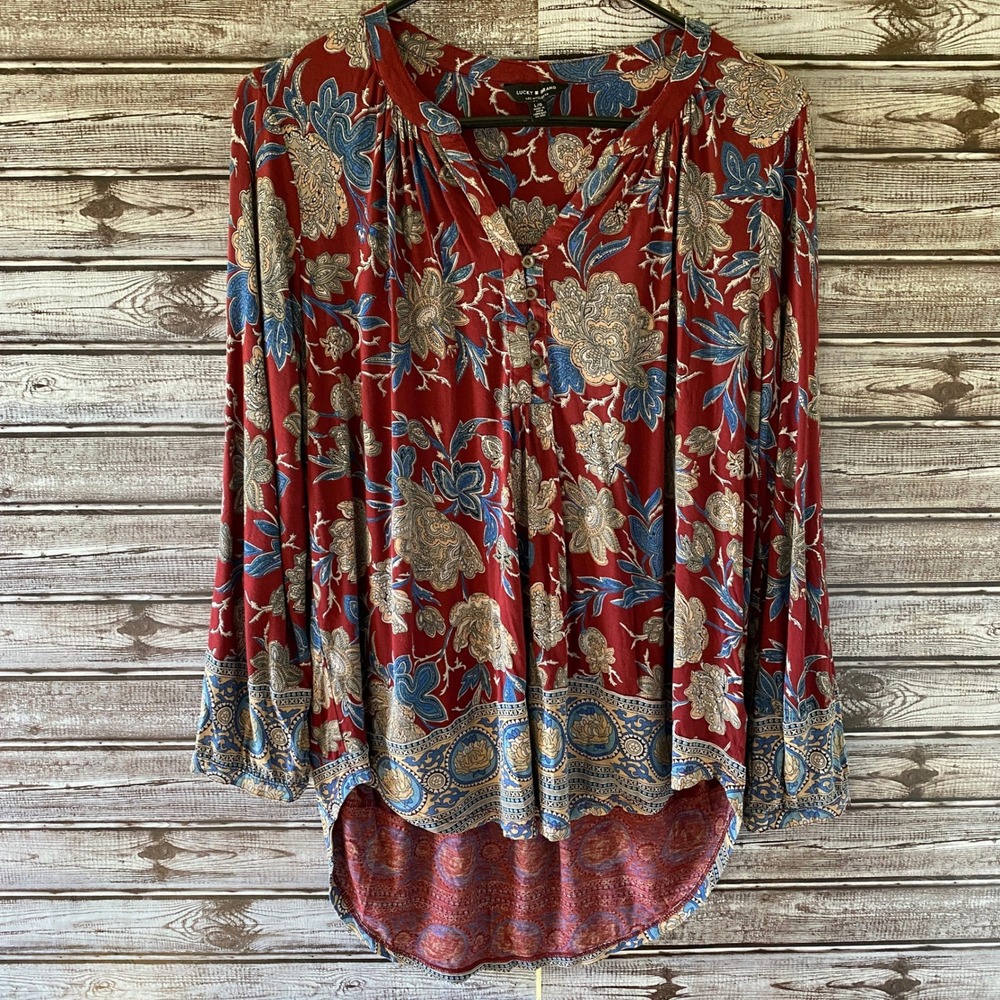 Lucky Brand‎ Women's Top Size L Burgundy Floral V-Neck Longer Back